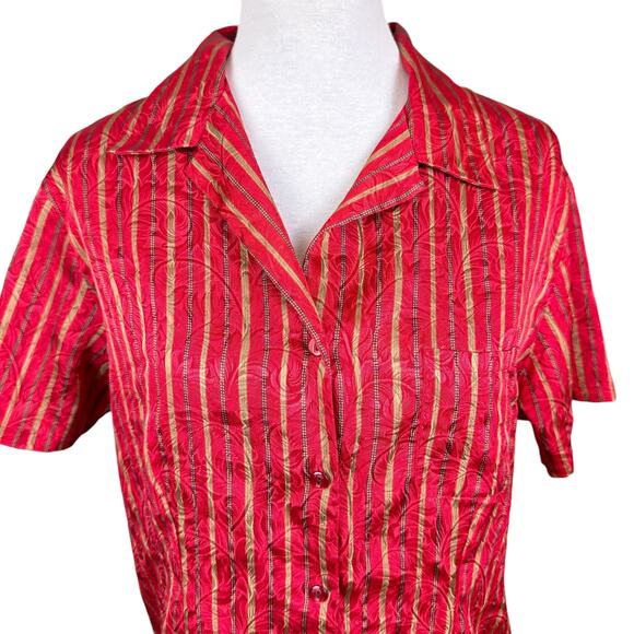 Victoria's Secret Vintage Red Gold Stripe Satin Short Sleeve Button Pajama Top - Picture 4 of 7